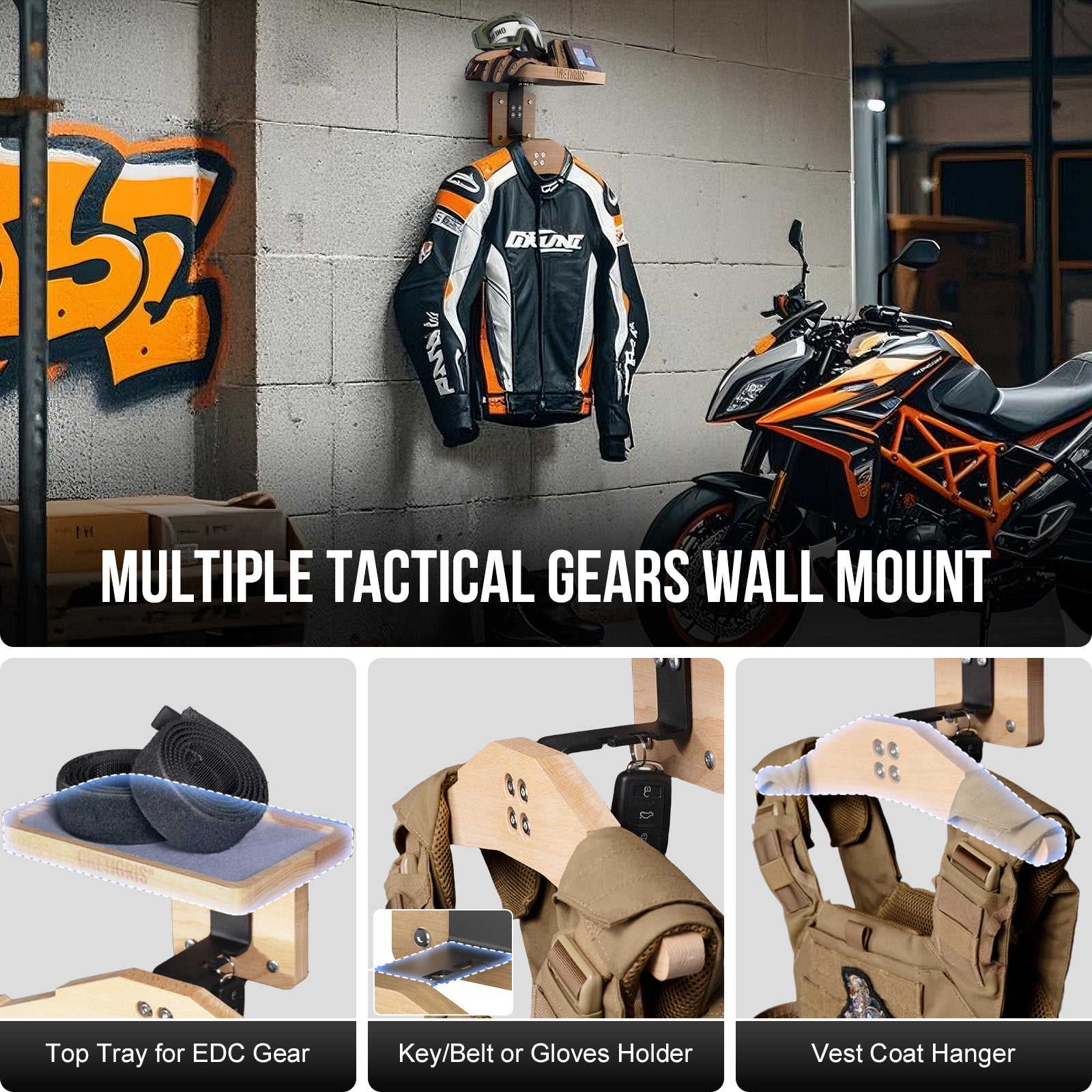 Wall-Mounted Coat Rack with Shelf | Heavy-Duty Metal-Wood Entryway Organizer for Motorcycle Gear, Jackets & Tactical Vests– Space-Saving for Hallway, Garage & Porch